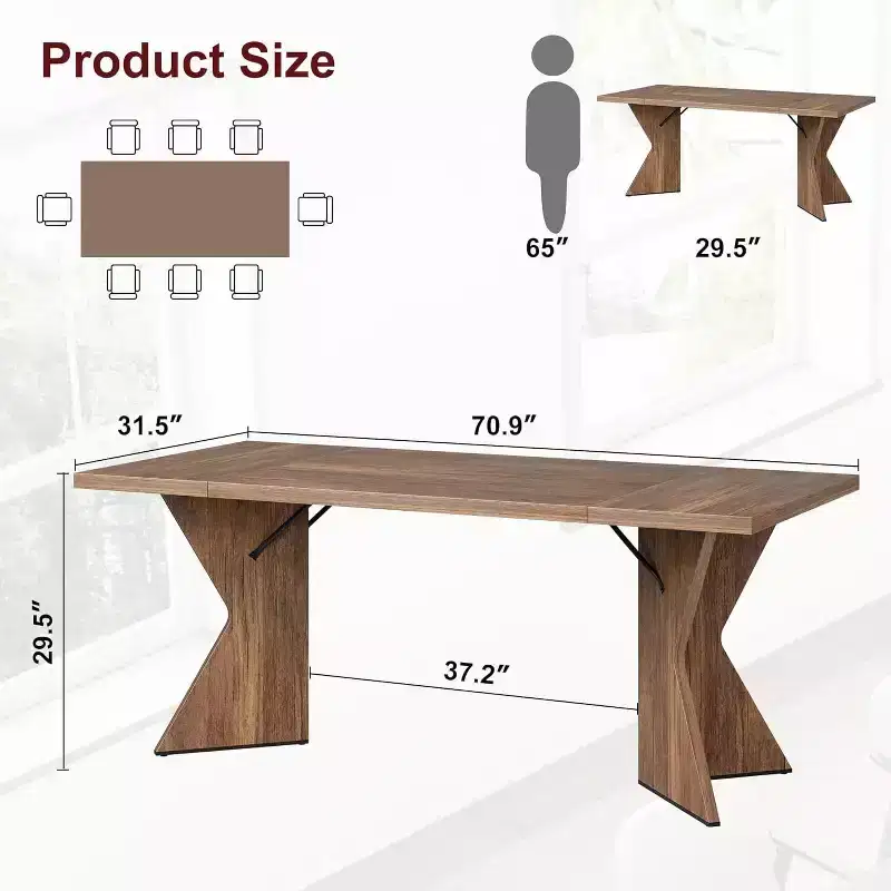 70.9-Inch Farmhouse Style Rectangular Dining Table for 6, Thick Wooden Top with Sturdy V Leg Frame, Ideal for Kitchen, Dining Room, Office