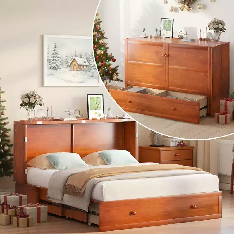 Mjkone Murphy Bed Cabinet , Modern Murphy Bed Queen with Mattress, Built-in USB Charging Station& Drawers