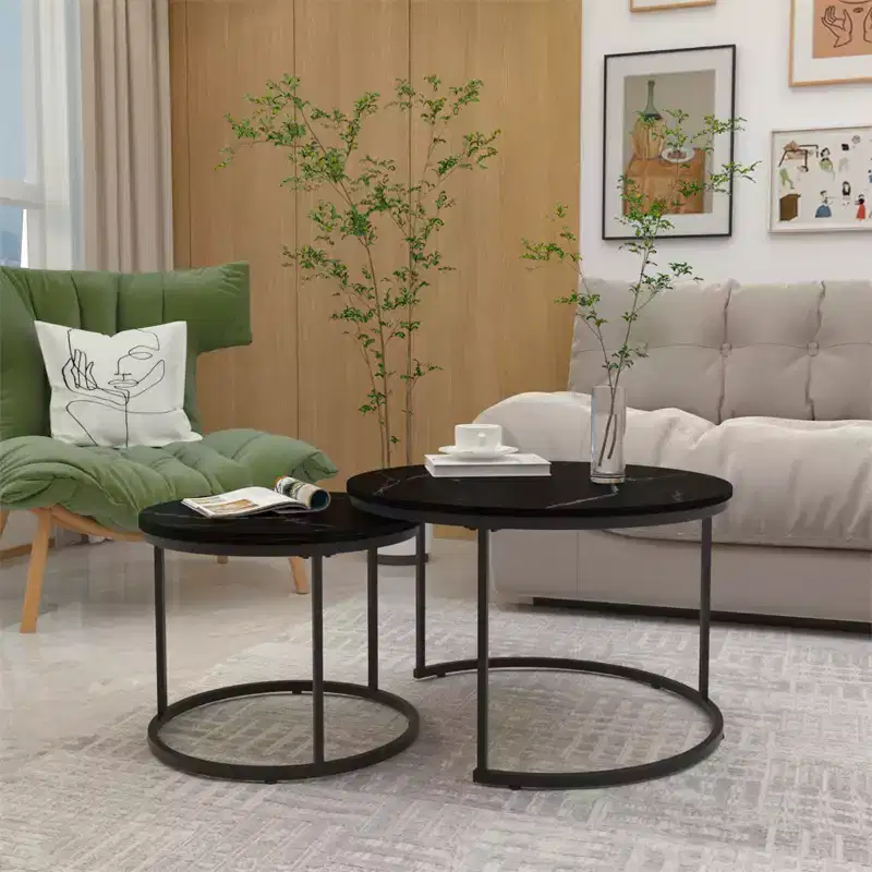 Nesting Coffee Table Set of 2, Wood Marble Pattern Top with Sturdy Metal Frame, 27.6in Round Side Table for Living Room Bedroom Balcony Yard