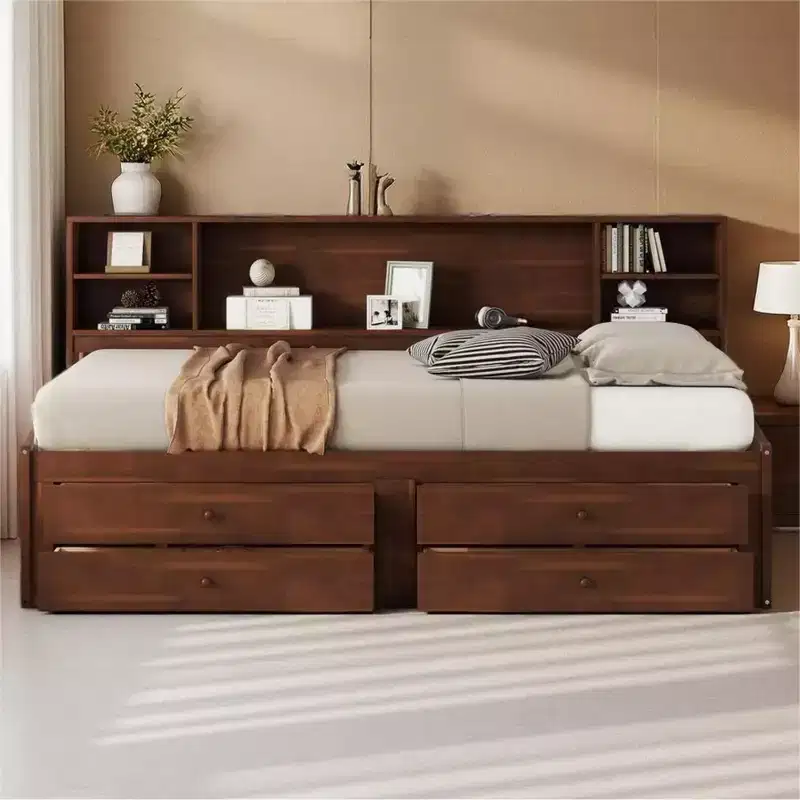 Full Size Wooden Captain Bed with Drawers, Shelves & Side Cabinets