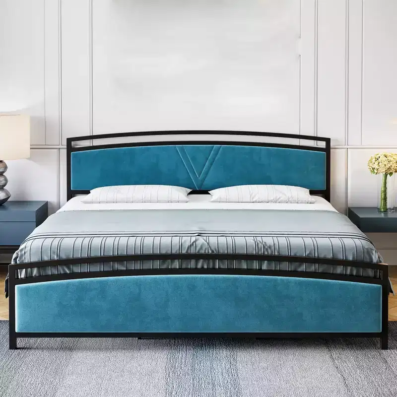 Bed Frame, Velvet Upholstered Bed Frame with Arc Design Headboard and Footboard, Modern Platform Bed with Adjustable Headboard
