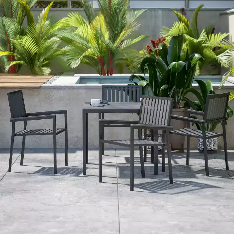 Flash Furniture Harris 5 Piece Commercial Indoor/Outdoor Table and Chairs with Black Poly Resin Slatted Backs and Seats