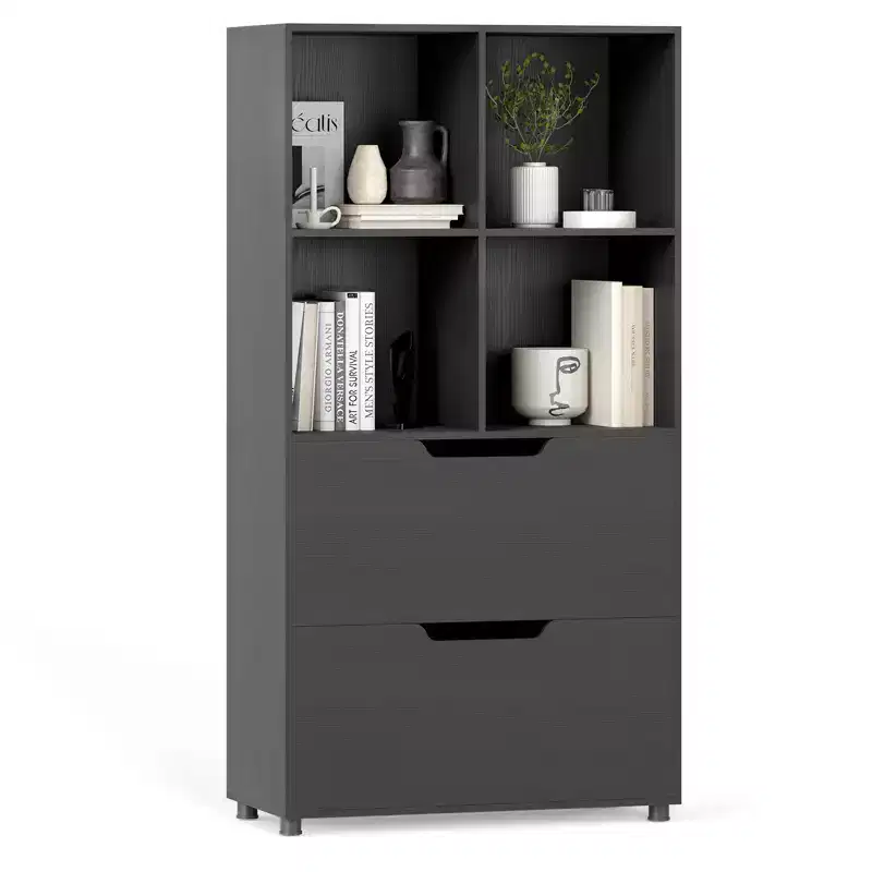 51 5-Tier 4-Cube Bookcase with 2 Drawers for Living Room, Study, Home Office White/Black/Gray/Natural
