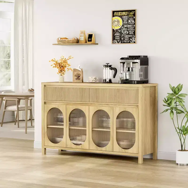 Natural Oak Sideboard Buffet Cabinet, 4 Glass Doors & 2 Fluted Drawers
