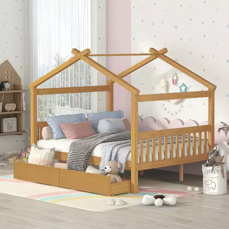 Twin/Full Size Wooden House Bed with 2 Storage Drawers, Wood Montessori Daybed Frame with Roof