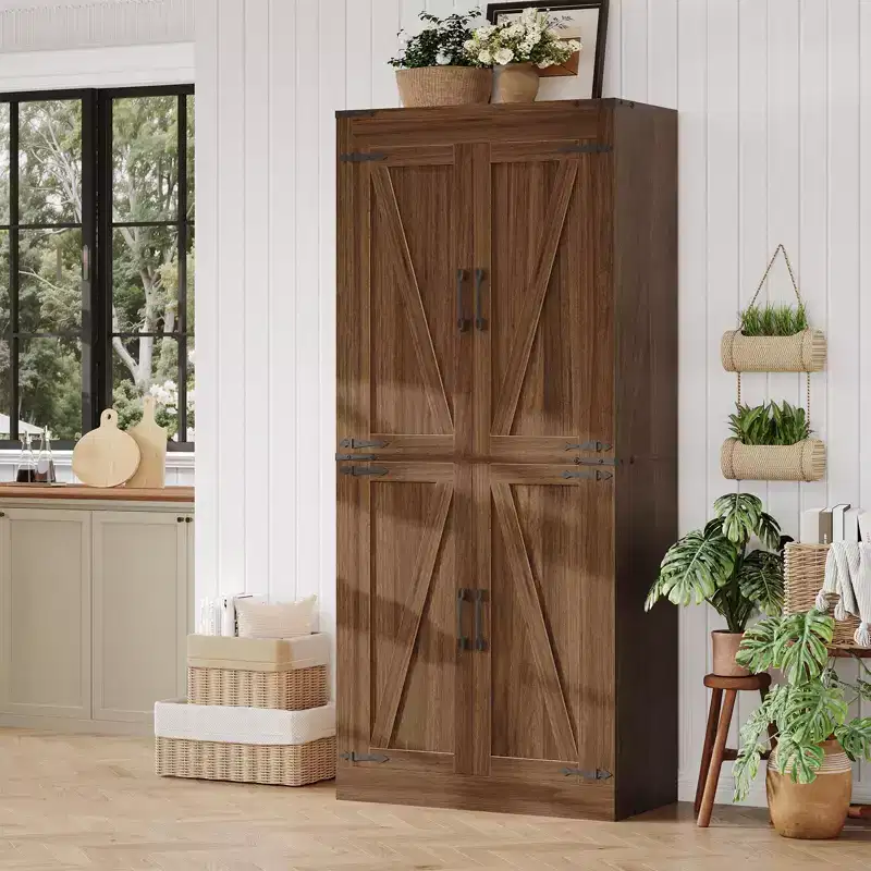 71 Tall Kitchen Pantry Cabinet, Freestanding Cupboard Storage Cabinet with Adjustable Shelves, Wooden Coffee Bar Cabinet for Living Room Kitchen