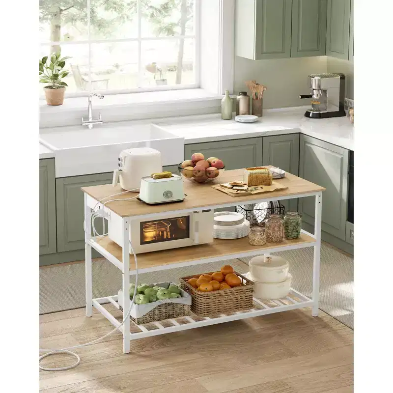 VASAGLE Kitchen Island with 3 Shelves, 47.2 Inches Width Kitchen Shelf with Power Strip, Large Worktop, Stable Steel Structure