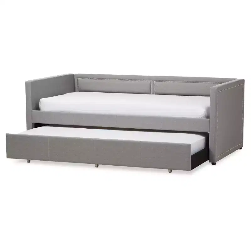 Baxton Studio Twin Raymond Modern and Contemporary Fabric Nailhead Trimmed Sofa Daybed with Roll Out Trundle Guest Bed Gray: Rubberwood Frame