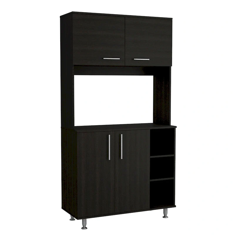 Black / White Kitchen Pantry Cabinet with 2 Top Cabinets, 3 Open Shelves & Double Door Storage