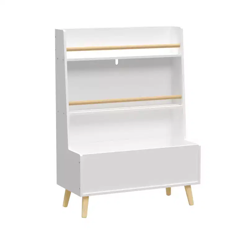 Homy Casa Kids' Bookshelf with Open shelves and Storage Bin, White Bookcase with Wooden Legs for Playroom or Bedroom