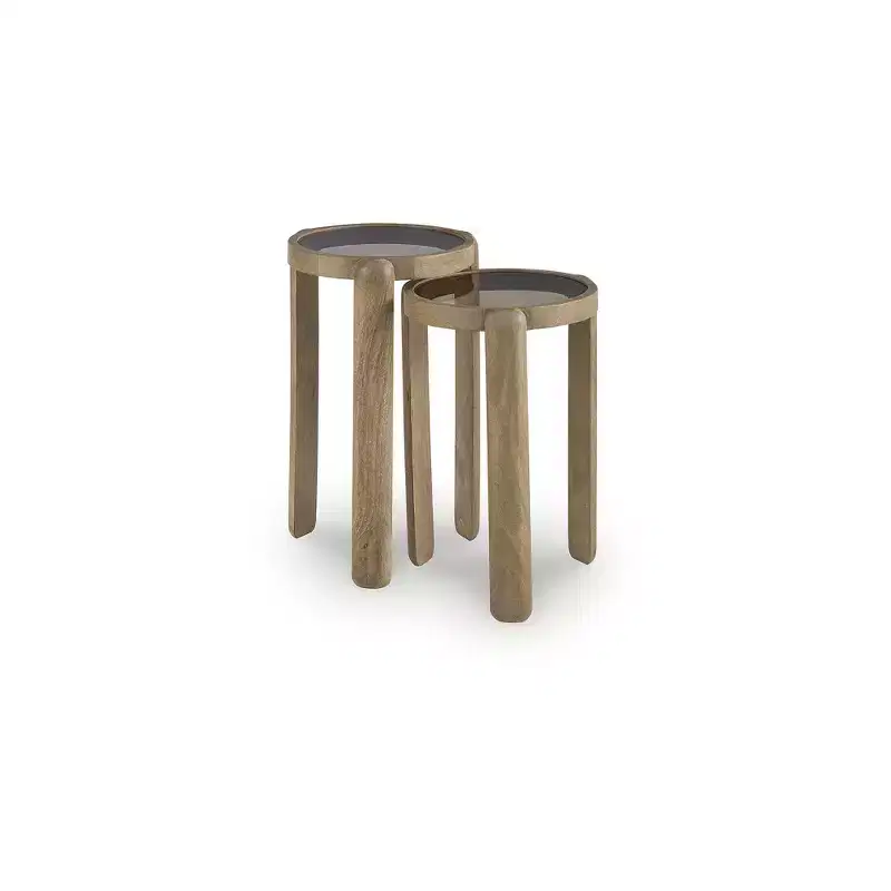 Signature Design by Ashley Jossor Accent Table Set, Mango Wood with Glass Tops, Light Brown