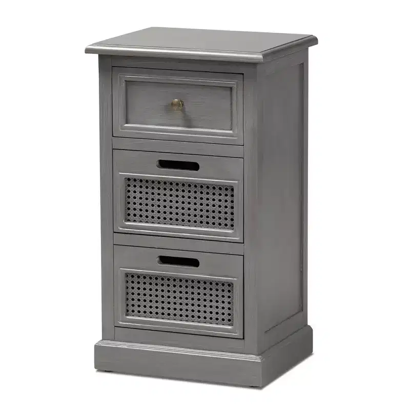 Vintage Wood and Synthetic Rattan 3 Drawer Nightstand Gray