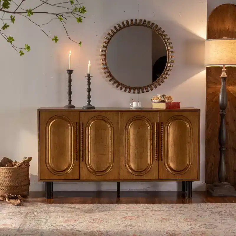 Sideboard Buffet Cabinet with 4 Doors, Wood Console Table with Adjustable Shelf, Brown