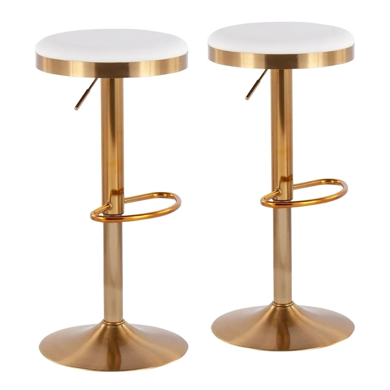 Lumisource Dakota Barstool in Gold Steel and White Leather - Set of 2 - 15Lx15Wx23-31.75H