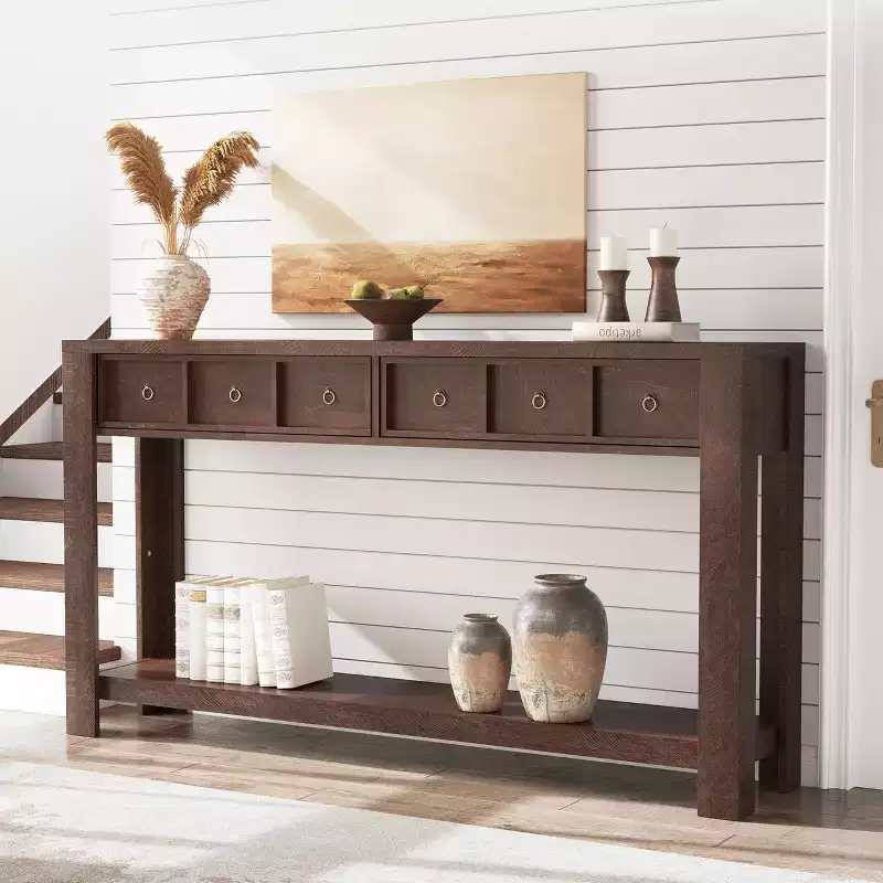 54-Inch Long Console Table, Wooden Entryway Table with 2 Drawers & Open Storage Shelf, Sofa Table Behind Couch, Farmhouse Entry Foyer Table