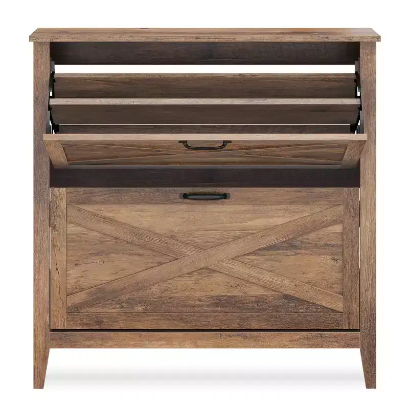 Shoe Storage Cabinet Organizer with 2 Flip Drawers, Freestanding Narrow Shoe Rack Cabinet, Fits 12 to 16 Pairs, Honey Brown