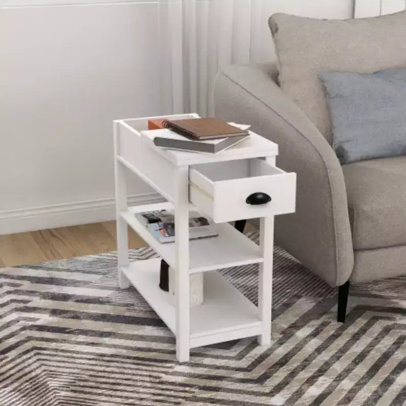 White Flip-Top Narrow Side Table with Storage Shelf, 1-Piece