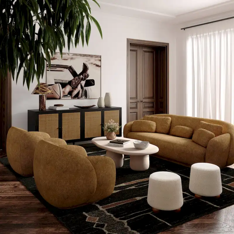 Boucle Upholstered Stool with Solid Wood Legs