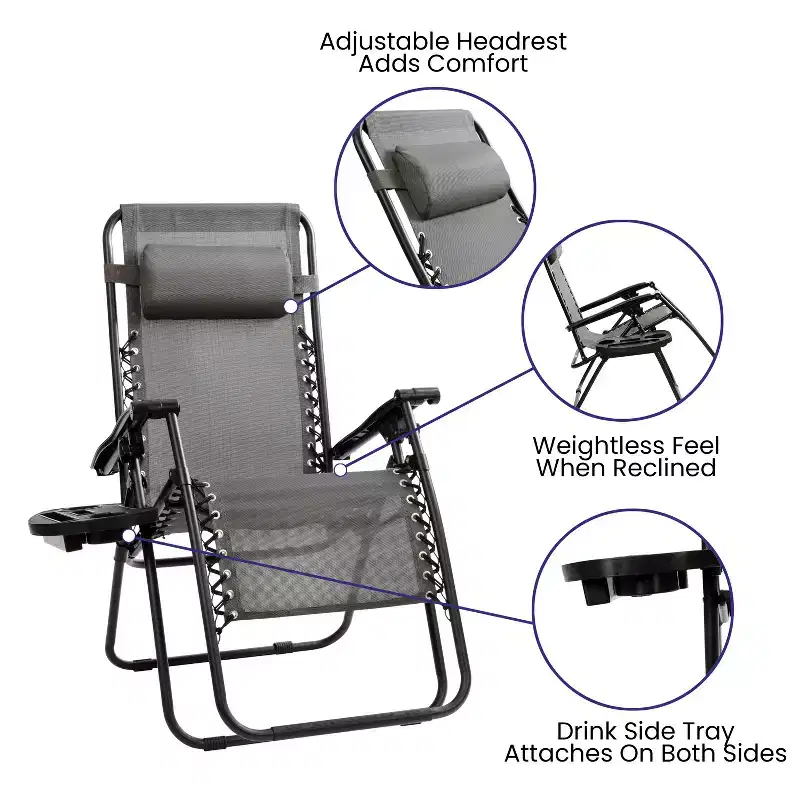Flash Furniture Adjustable Folding Mesh Zero Gravity Reclining Lounge Chair with Pillow and Cup Holder Tray, Set of 2