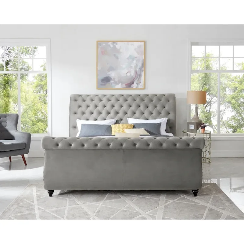 Grey Velvet Button-Tufted Sleigh Bed – Nailhead Trim, Queen & King