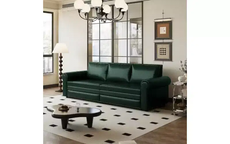MAYEERTY 93.7 King Pull Out Sofa Bed, 3-in-1 Faux Leather Convertible Sleeper Sofa with Nailhead Trim& Rolled Arm Green