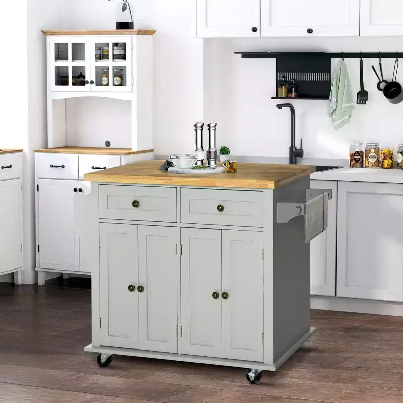 Okak Farmhouse Kitchen Island with Rubberwood Top, Kitchen Cart with Spice Rack, Towel Rack and Drawers, Countertop Organizer for Kitchen