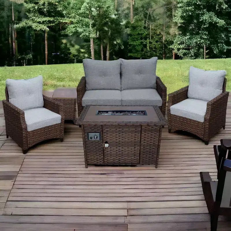 Courtyard Casual Costa Mesa 5 pc Loveseat Set - Brown One Sofa, Two Club Chairs, One End Table, & One Fire Pit frame with solution dyed Poly fabric