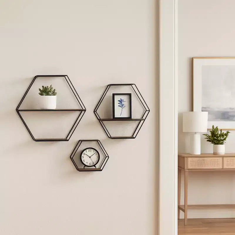 Modern Hexagon Wall Mounted Shelves for Home Decor - Wood with Metal Frame Storage Organizer for Office Display