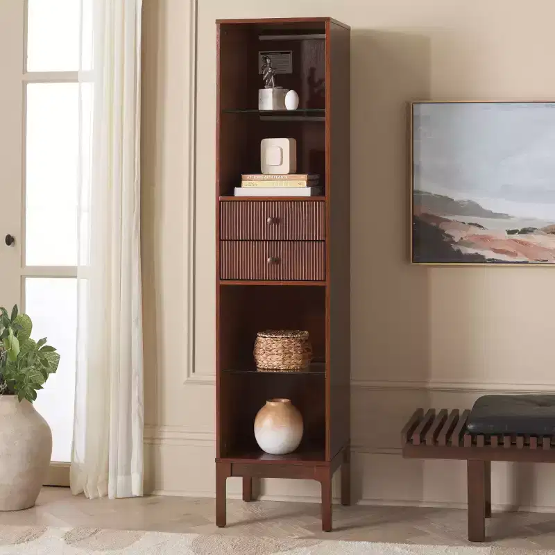 Curio Bookcase & Display Shelf, Walnut, Contemporary Vertical Storage with Drawer & Enclosed Shelves