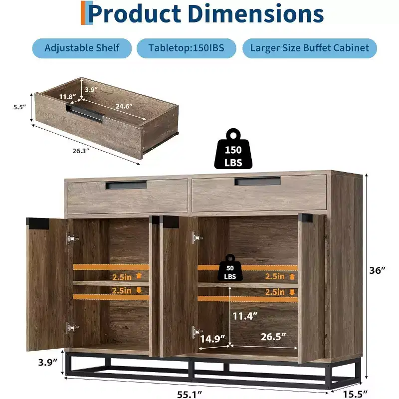 55 Modern Sideboard Buffet - Kitchen Storage Cabinet with 2 Drawers & 4 Doors for Dining Room