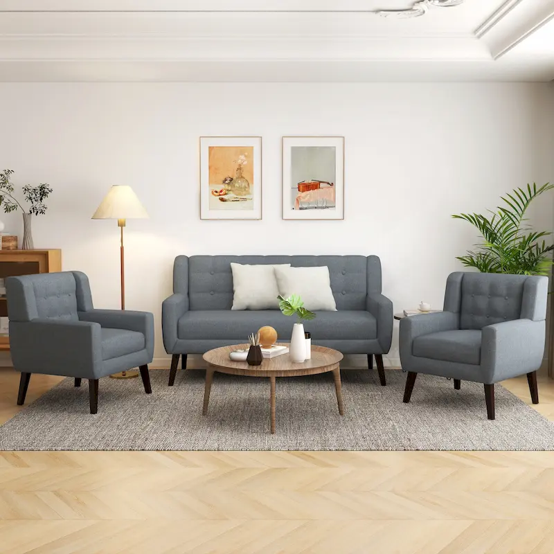 Modern Curved 63 Button Tufted Upholstered Loveseat with 2 Accent Chairs