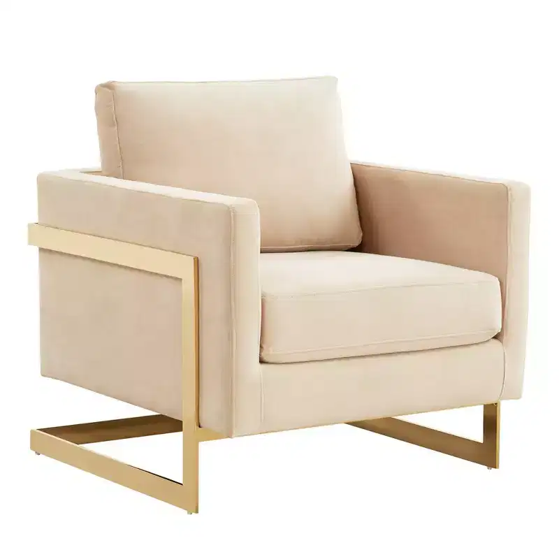 LeisureMod Lincoln Upholstered Accent Arm Chair - Modern Velvet Club Chair with Architectural Gold Metal Frame