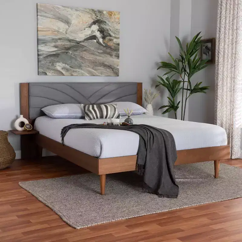 Fabric and Wood Platform Bed with Floating Side Table Gray/Walnut Brown