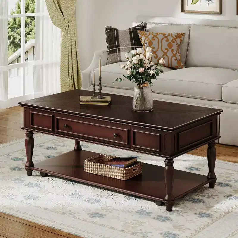 Retro Rubberwood Coffee Table with One Drawer, Shelf and Lockable Wheels