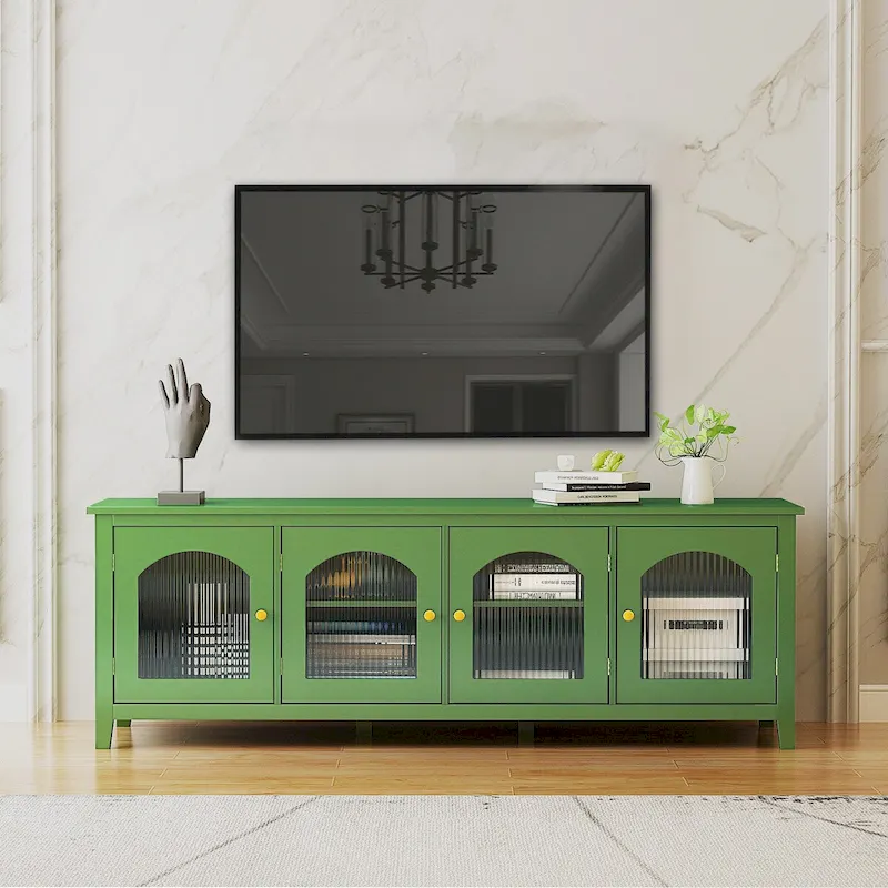 71-inch Modern Solid Wood Glass Doors Storage TV Stand