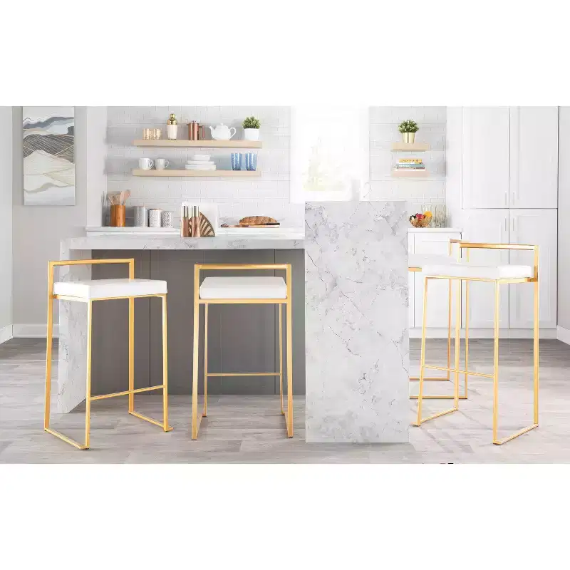 LumiSource Set of 3 Fuji Stacker Counter Height Barstools Gold/White PU