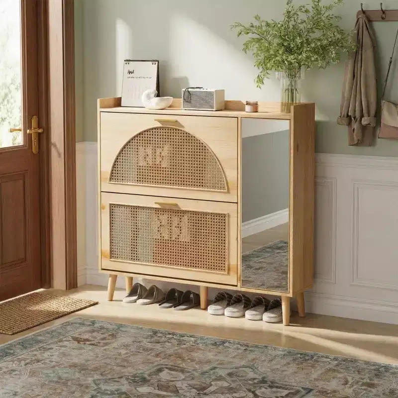 Natural Rattan Shoe Storage Cabinet with Mirror, 2 Flip Drawers & Adjustable Shelves for Entryway