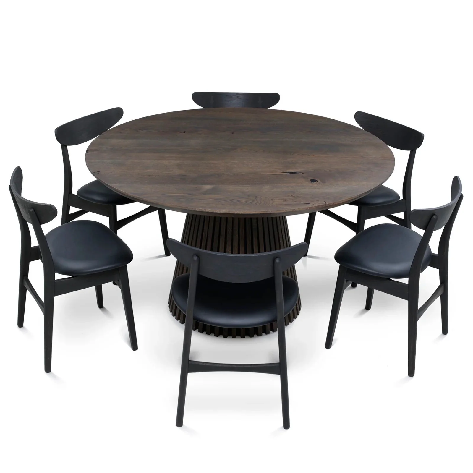 Round Dining Table in Charcoal Oak - featuring its distinctive faceted leg - is a unique and custom-made masterpiece that melds modern