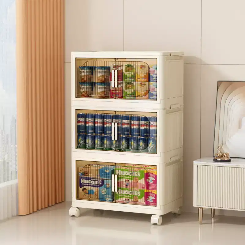 3-Tier Plastic Folding Storage Cabinet with Magnetic Doors & Wheels, White, for Small Spaces