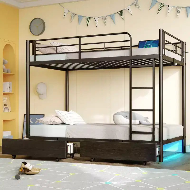 Metal Bunk Bed, Bed Frame with Storage Drawers & Charging Station and LED Light ,with Safety Guardrail & Ladders Black