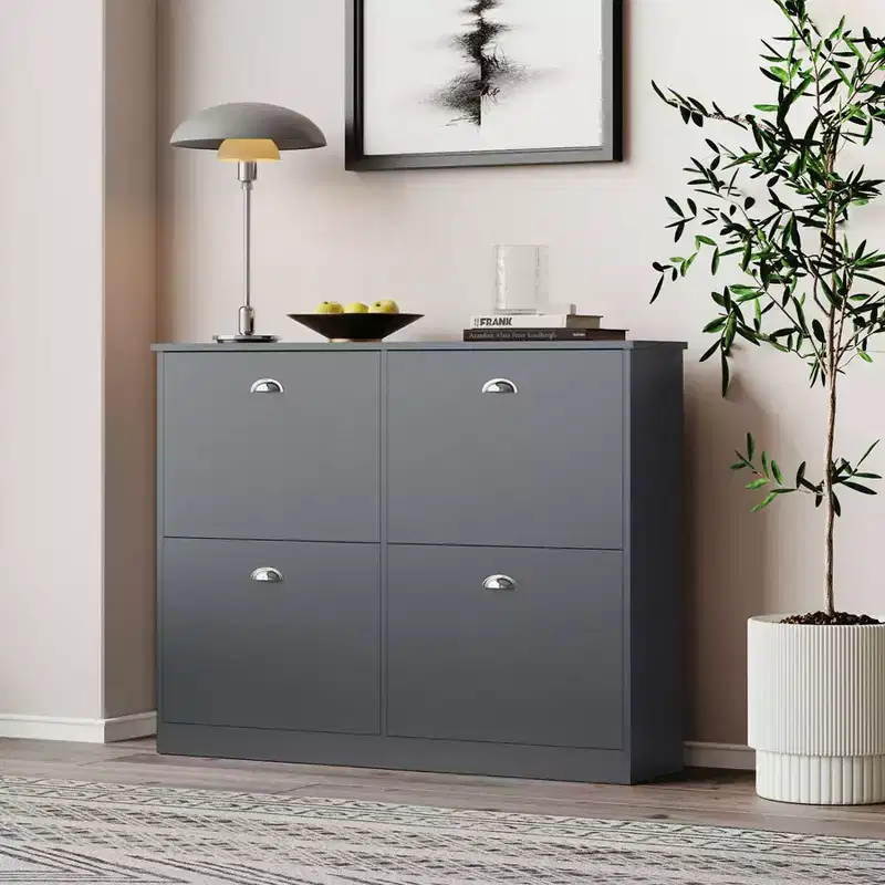 Mid-Century Narrow Hidden Shoe Cabinet with 4 Flip Drawers, Freestanding Shoe Rack for Foyer & Entryway