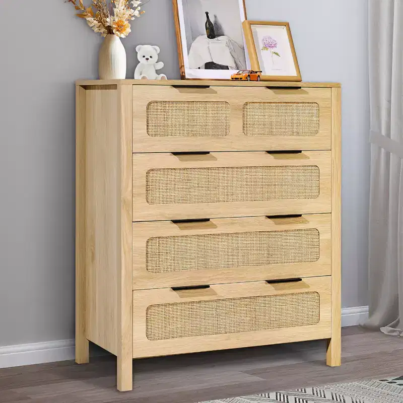 4-Drawer Rattan Boho Dresser – Natural Wood Finish, Chest of Drawers