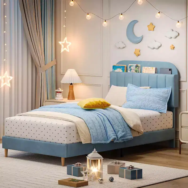 Double bed frame with bookshelf headboard, padded platform, children's bed frame, double bed size, slatted support, no spring mattress required.