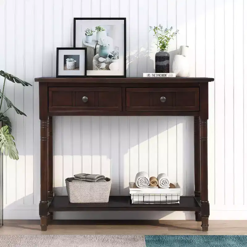 Whisen Rustic Console Table Traditional Design with Two Drawers and Bottom Shelf