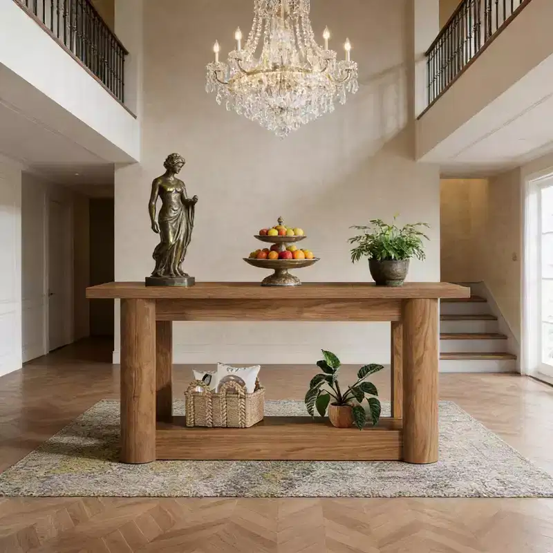 Farmhouse Wooden Rectangular 2-Tier Console Table with Curved Legs