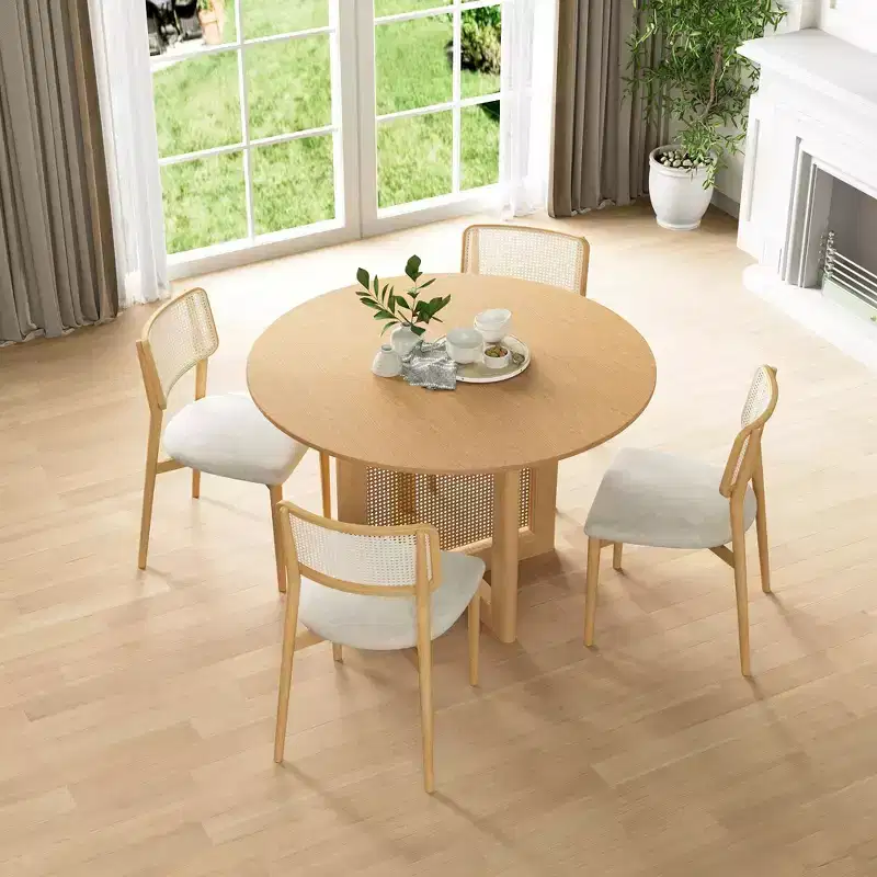 PexFix 46 x 46 Farmhouse Kitchen Dining Room Table Furniture Round Oak Kitchen Table with Rattan Woven Legs for Kitchen Bar Living Room