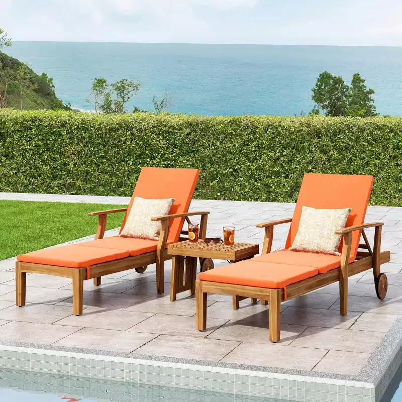 Perla 3pc Outdoor Acacia Wood Chaise Lounge Set with Cushions - Teak/Orange - Christopher Knight Home