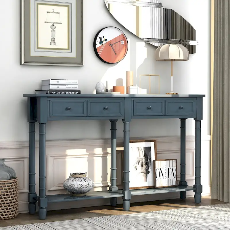 Solid Wood Console Table with Storage Drawers and Bottom Shelf