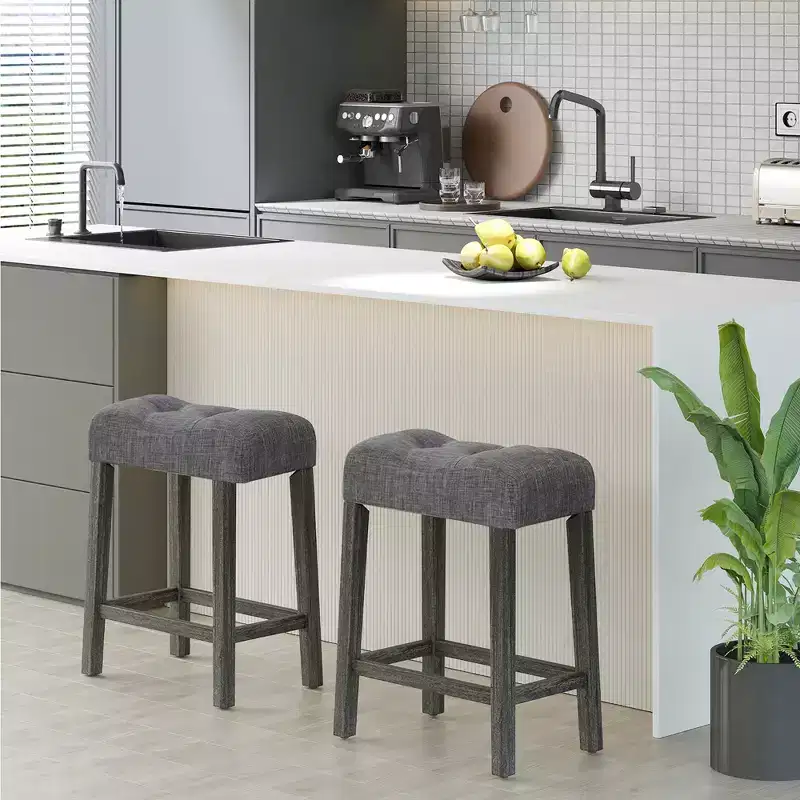 Costway 24 Saddle Bar Stools Set of 2 w/ Footrest Rubber Wood Frame for Kitchen Island