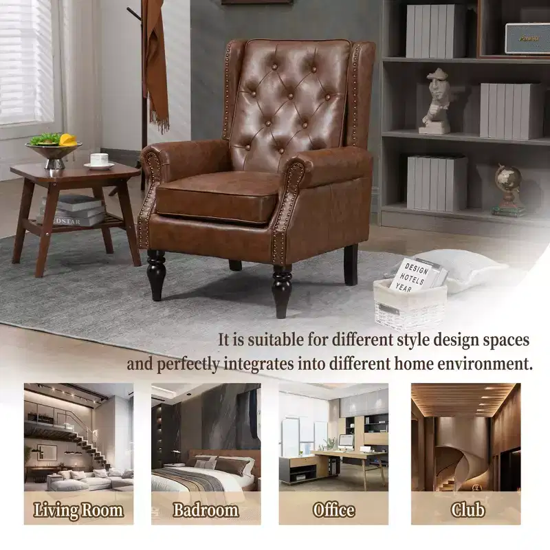 Wood Frame Armchair, Sturdy Wood Legs, Living Room Bedroom, Black PU